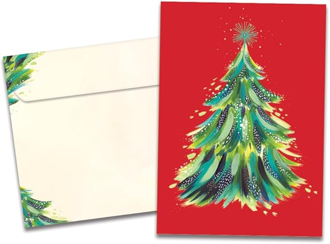 Tree-Free Greetings - Season's Greeting Card - Artful Designs - 1 Card + Matching Envelopes - Made in USA - 100% Recycled Paper - 5 x 7 - Red Tree (VO80703)