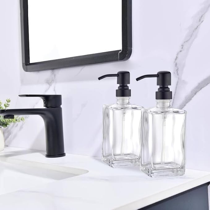 Glass Soap Dispenser Set, Matte Black Stainless Steel Pump & Clear Square Glass Soap Dispenser Bottle, 2 X 13.5oz Refillable Liquid Hand Soap Jar for Kitchen & Bathroom
