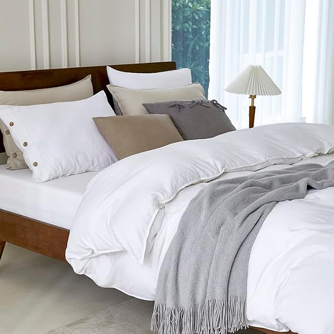 EVERLY 100% Pure Linen Duvet Cover Set Twin Size 68X90Inch 2pcs (1 Duvet Cover,1Pillowcases) Soft and Breathable for All Season with Coconut Button Closure, Suitable for Hot Sleepers-White-Twin