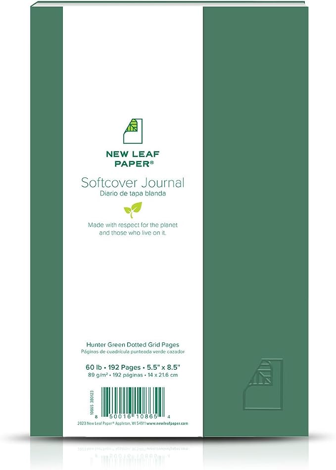 100% Recycled Softcover Dotted Grid Journal, Hunter Green, 8.5" x 5.5", 192 Pages, Embossed, Perfect Bound, FSC Certified, Made in USA