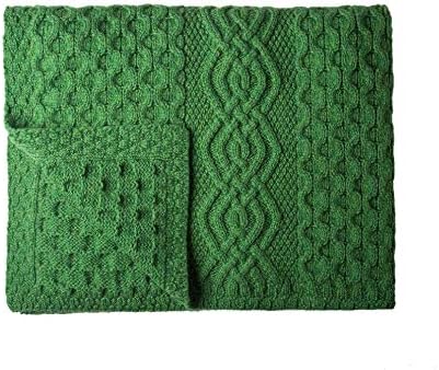 SAOL Honeycomb and Cable Knit Patterns 100% Irish Merino Wool Aran Throw/Blanket 60 x 40 inches (Green)