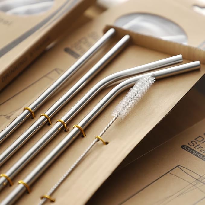 5 Pcs Stainless Steel Straws Set with Cleaning Brush, Reusable Stainless Steel Drinking Straws, Durable for All Beverages, Silver