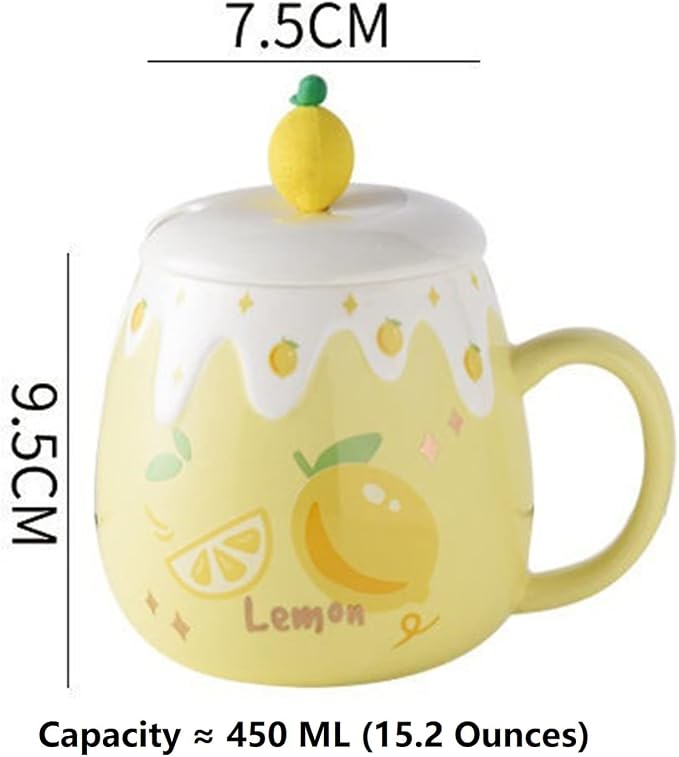 Coffee Mug Cups Ceramic Tea Cup Fruits Lemon Shaped Handmade Cute Mugs With Lid Spoon Handle Office Home Hot Ice Chocolate Milk Mugs Gifts Microwave Dishwasher Safe Travel Mugs (Yellow)