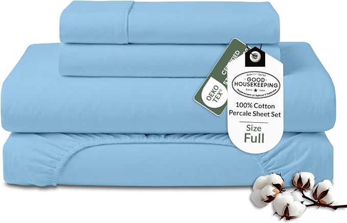 ROYALE LINENS 100% Organic Cotton Full Sheet Set - Percale Weave - 4 Pieces Set - 1 Flat, 1 Deep Pocket Fitted Sheet and 2 Pillowcases - Lake Blue Bed Sheets - Sábanas Full - Crisp Cool (Lake Blue)