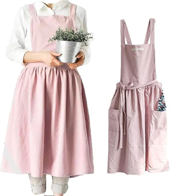 Cotton and linen Kitchen Cooking Aprons Dress for Women with Pockets Cute for Baking Painting Gardening Cleaning