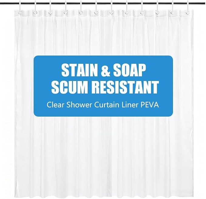 Clear Shower Curtain Liner, 72x72 PEVA Bath Shower Curtain Liner with 12 Plastic Hooks Lightweight Waterproof