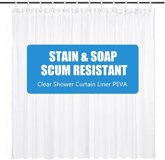 Clear Shower Curtain Liner, 72x72 PEVA Bath Shower Curtain Liner with 12 Plastic Hooks Lightweight Waterproof