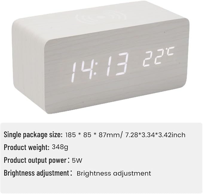 Wooden Digital Alarm Clock with Charging Function, for Temperature for Bedroom Travel Desk Decoration, Desk Clocks for Bedside(White)
