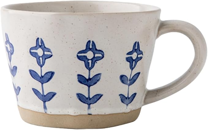 Ceramic Mugs for Men & Women, Unique Microwave & Dishwasher Safe Tea/Coffee Rustic Stoneware Cups for Office & Home (Blue Floral Mug)