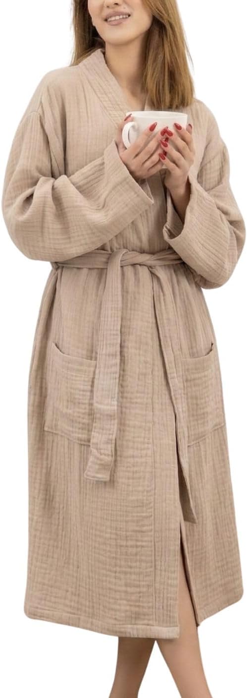 100% Cotton Muslin Kimono Robe for Women, Lightweight Gauze Bathrobe, Soft Breathable Spa Robe