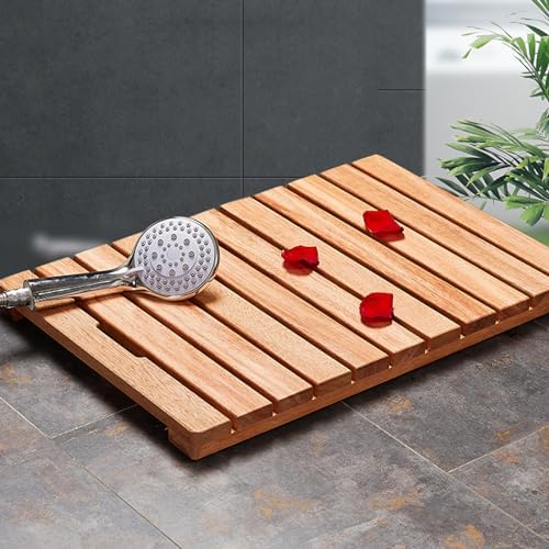 Non-Slip Wood Bath Mat,Natural Bamboo Bath Mat Wooden Duckboard Mat for Bathroom Shower Kitchen Water Resistant and Anti Slip Rectangular Solid Wood Floor Mat (110x30cm)