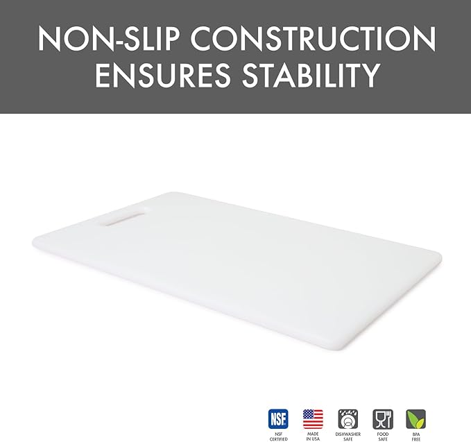 Dexas NSF Polysafe Cutting Board with Handle, 9.5 x 15 Inches, Reversible Non-Slip Kitchen Cutting Board, White