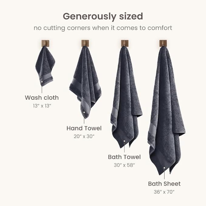 BIOWEAVES 100% Organic Cotton 700 GSM Plush 6-Piece Towel Set GOTS Certified, 2 Bath Towels, 2 Hand Towels & 2 Washcloths - Charcoal