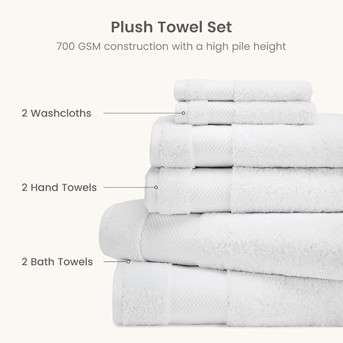 BIOWEAVES 100% Organic Cotton Bath Towel Set | 700 GSM Plush 7-Piece Premium Towel Set GOTS Certified, 2 Bath Towels, 2 Hand Towels & 2 Washcloths, 1 Bath Mat - White