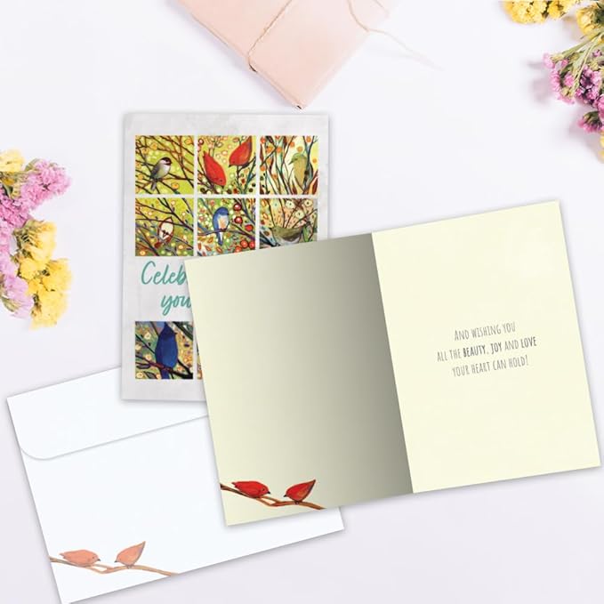 Tree-Free Greetings - Birthday Cards - Artful Designs - 2 Cards + Matching Envelopes - Made in USA - 100% Recycled Paper - 5 x 7 - Bird Celebration (GT61549)
