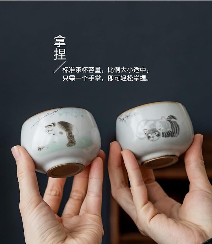Master Teacup set of 2 cute cat tenmokus teacup Kungfu Tea Cup chinese tea set Ceramic Handmade Ceremonial Matcha Tea Mug