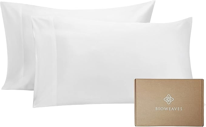BIOWEAVES 100% Organic Cotton Pillow Cases 300 Thread Count Soft Sateen Weave GOTS Certified – Standard/Queen Size, Set of 2, White