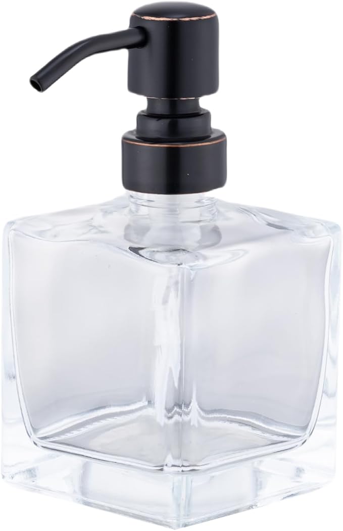 Hand Soap Dispenser Square with Oil Rubbed Bronze Pump, 8.4 oz Liquid Clear Glass Soap Dispenser with Stainless Steel Pump for Dish Soap Bathroom Kitchen Vanity Countertop