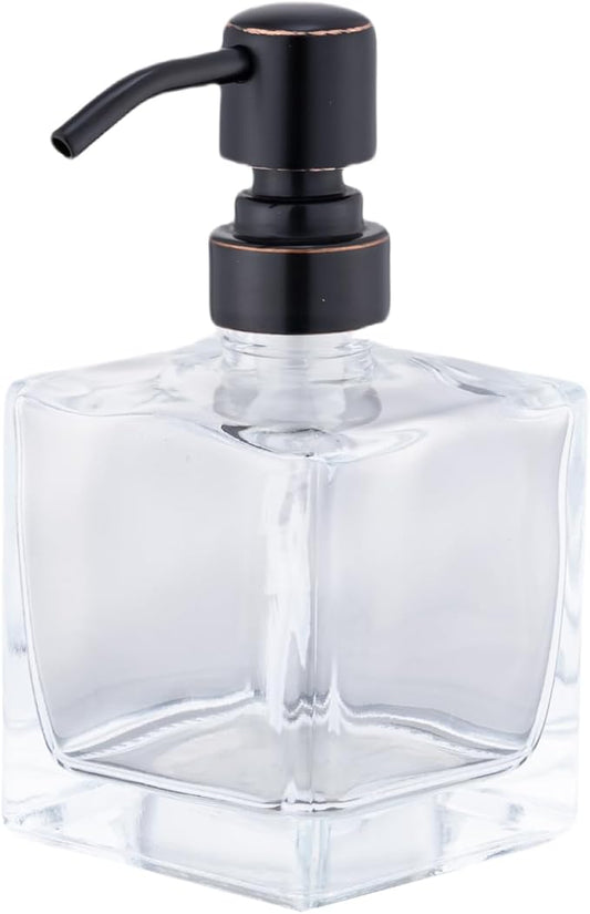 Hand Soap Dispenser Square with Oil Rubbed Bronze Pump, 8.4 oz Liquid Clear Glass Soap Dispenser with Stainless Steel Pump for Dish Soap Bathroom Kitchen Vanity Countertop