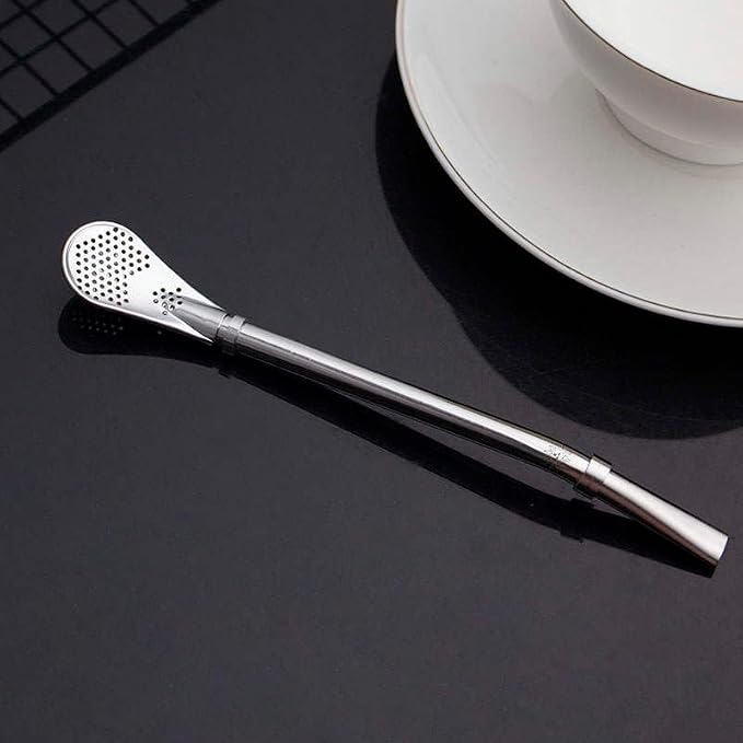 CAFECITO Yerba Mate Bombilla Straws – Set of 2 | 304 Stainless Steel Gourd Drinking Filter Straw | Spoon Style with Built-In Strainer | 7.5 Inch Long | Sun of May Inspired Design