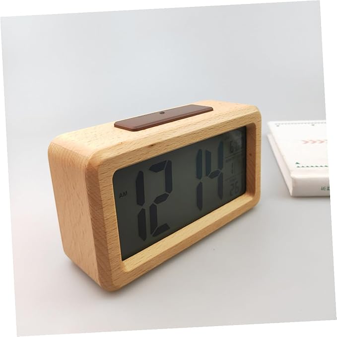 Wooden Digital Alarm Clock LED Desktop Clock with Light Sensor Natural Wood Color Non-Battery Powered for Home Bedroom Office Use