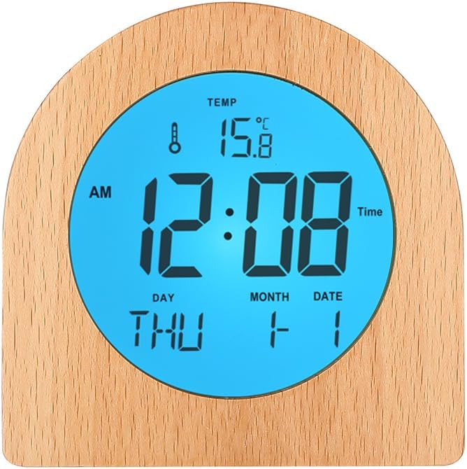 Wooden Alarm Clock for bedrooms，Battery Operated with Snooze Function and Backlight,LCD time,Date,Temperature Display, C/F Switch,12/24hour,Round Simple Design,eco-Friendly