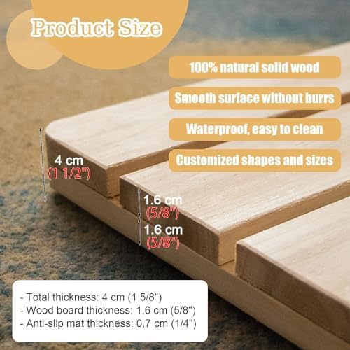 Wooden Shower Mat Non Slip Bathroom Floor for Bathtub Pool Use Commercial Grade Waterproof Bath,Natural Wooden Shower Mat, Non-Slip Bath Pedal with Handle, Waterproof Dra