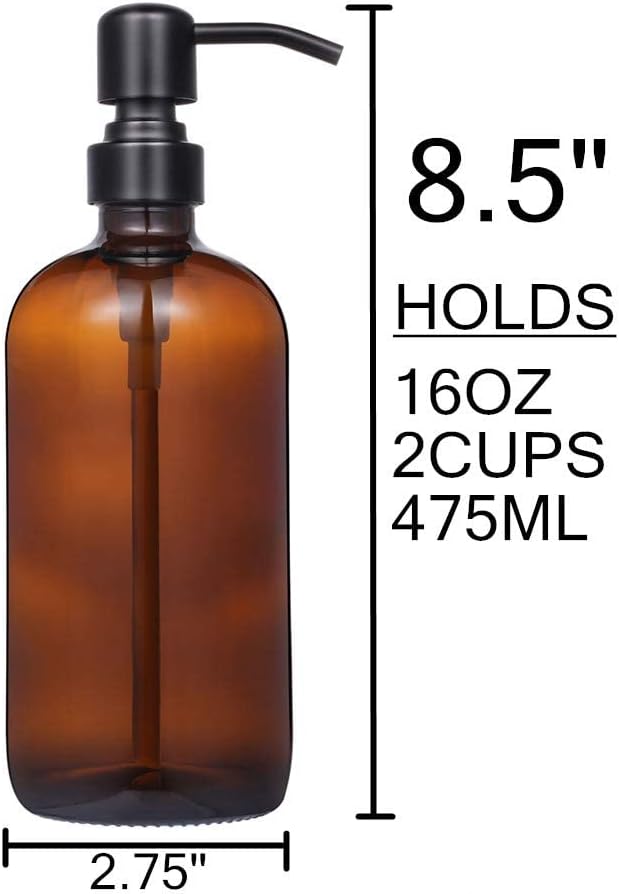 Amber Glass Jar Soap Dispenser with Matte Black Pump,16oz Round Bottle Dispenser with Stainless Steel Pump, Bathroom Soap Dispenser Set for Home Decor, Farmhouse & Kitchen Decor (Matte Black)