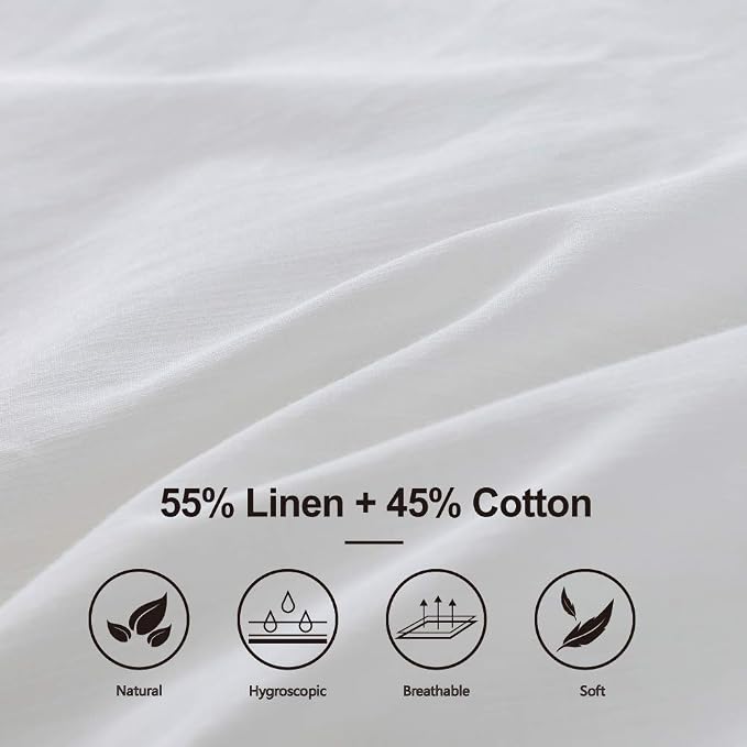 BISELINA Linen Duvet Cover Set 2pcs French Vintage Crocheted Lace Flax Cotton Blend Solid Color Shabby Chic Boho Luxury Farmhouse Bedding (Twin, Lace White)