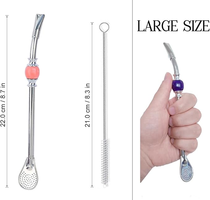 Premium Yerba Mate Straws - Reusable Stainless Steel Bombilla Straw with Colorful Beads - Set for Mate Gourd Drinking, Removable Head Filter (Pink)