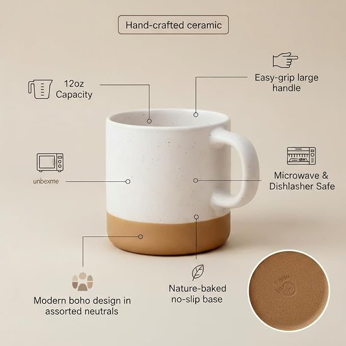 Unboxme Givenne Ceramic Latte Coffee Mug Set, 12 oz (Set of 4) – Microwave & Dishwasher Safe, Large Handles, Modern Boho Neutral Colors