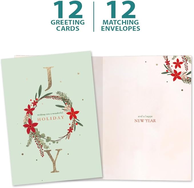 Tree-Free Greetings - Season's Greeting Cards - Artful Designs - 12 Cards + Matching Envelopes - Made in USA - 100% Recycled Paper - 5 x 7 - Joy Wreath (VP80738)