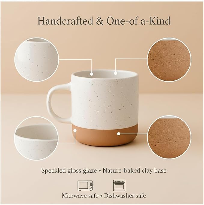 Givenne Handcrafted Speckled Ceramic Coffee Mug 12 oz, Rustic White Stoneware Cup with Clay Base, Single Coffee or Tea Mug Gift