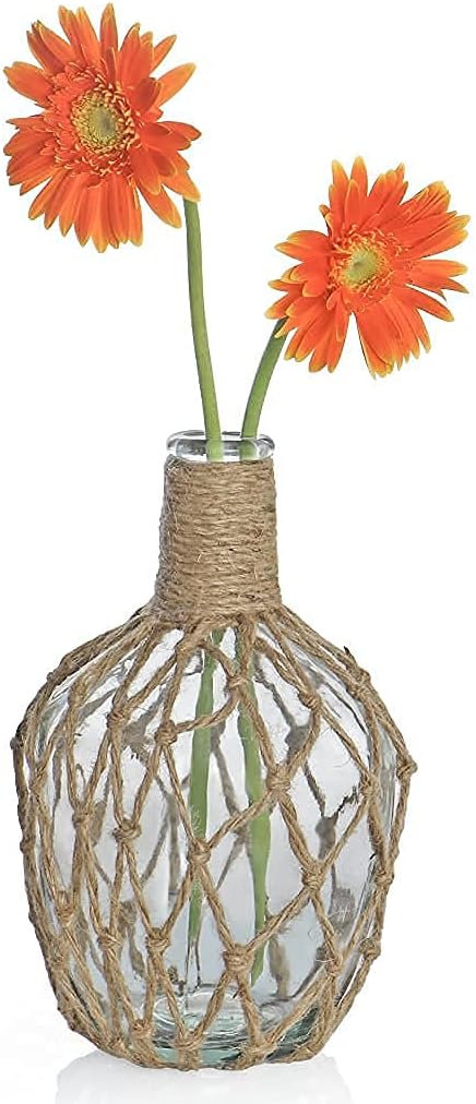 MDLUU Glass Jug with Twine 10" Tall, Flower Vase with Rope Net, Decorative Bottle Vase for Dining Room, Bedroom, Bathroom, Mantel