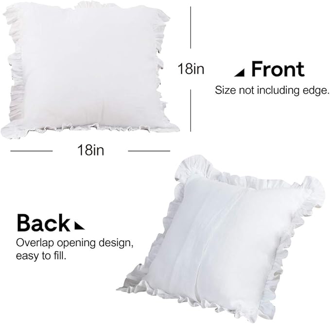 100% French Linen Throw Pillow Covers - Set of 2 - Washed Flax Decorative Ruffled Square Cushion Cover Solid Color Soft Breathable - White, 18'' x 18''