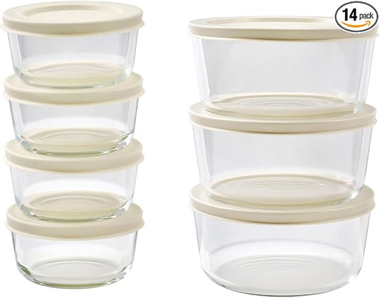 14-Piece Glass Food Storage Containers Set (7 Containers + 7 BPA-Free Lids) | 1-Cup & 4-Cup, Leakproof | Microwave, Freezer, Oven & Dishwasher Safe | Ideal for Meal Prep & Pantry Organization, Beige