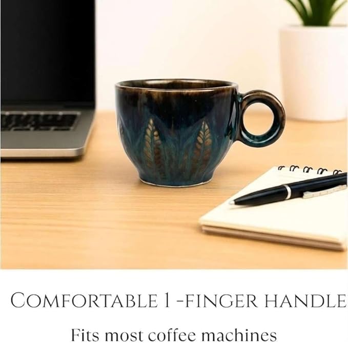 Ceramic Espresso Cup 5 oz, Stoneware Demitasse Coffee Mug with Handle, Artisan Reactive Glaze Texture, Small Latte Cappuccino Tea Cup, Microwave & Dishwasher Safe, Teal Brown, Pack of 2