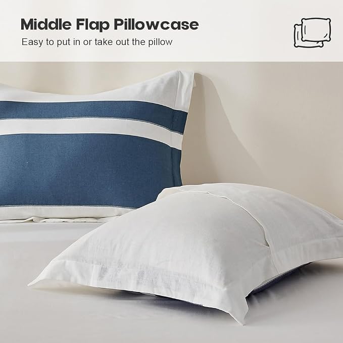 Simple&Opulence French Linen Duvet Cover Set with Stripe 104”x92”, 3 Pieces(1 Comforter Cover and 2 Pillow Shams) Rustic Natural Flax Cotton Blend(King,White and Navy)
