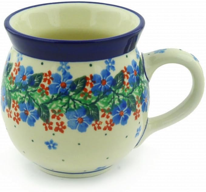 Polmedia Polish Pottery Bubble Mug 12 oz - Summer Wreath Pattern Handmade in Boleslawiec Poland by Ceramika Artystyczna + Certificate of Authenticity