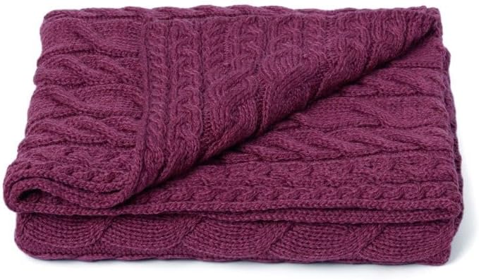 Aran Woollen Mills Irish Cable Knit Blanket Supersoft Merino Wool Throw Made in Ireland 40 inch x 60 inch (Jam Red)
