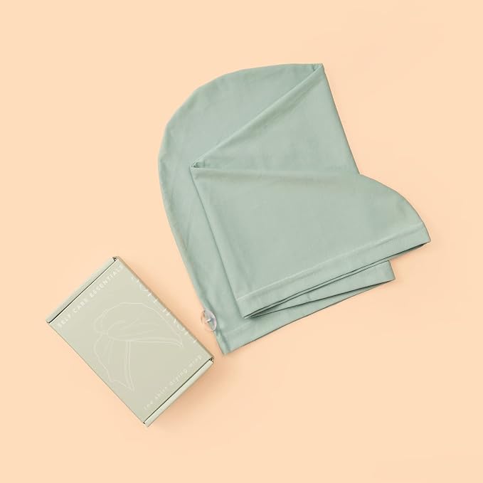 T-Shirt Hair Plopping Towel for All Textures - Cotton Blend Water Absorption Turban with Secure Button - Moisture Gentle Styling and Setting Wrap - Sage