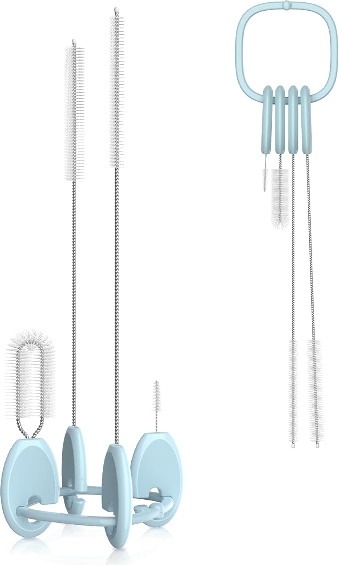 YOTIME 4in1 Straw Cleaner Brush Set, Reusable Standing Straw Brushs with Holder Ring, for Wide and Narrow Straws, Tumblers, Water Bottles and Cups, Blue