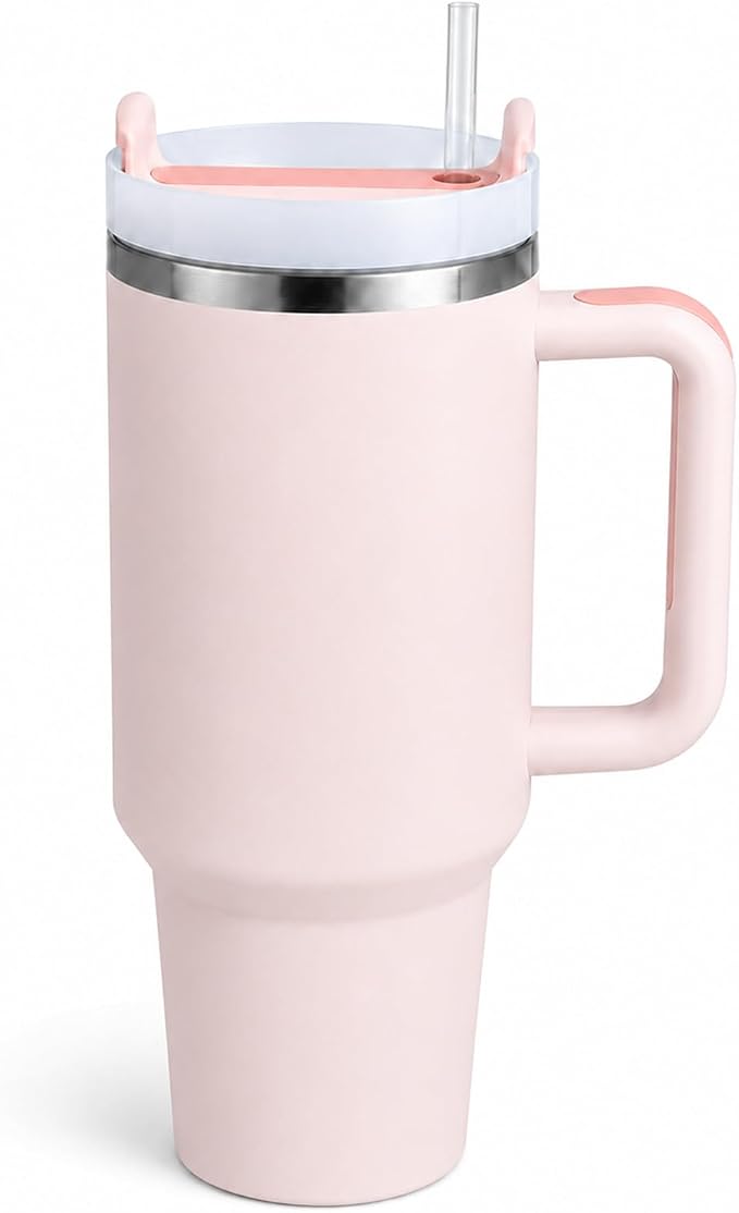 Pandance 40 oz Tumbler with Handle, Tumbler with Lid and Straw(Rose Quartz) | Stainless Steel Vacuum Insulated Travel Mug, Sturdy Screw-on lid, Cup Holder Friendly, Large Capacity Cup For Iced Coffee