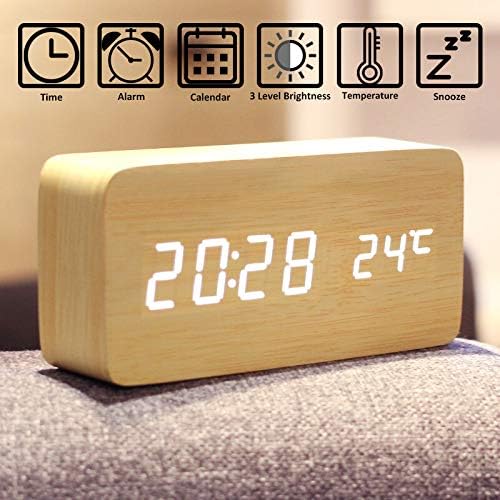 Wooden Digital Clock Multi-Function LED Alarm Clock with Time/Date/Temperature Display and Voice Control for Home Office Travel - AC11Yellow_White