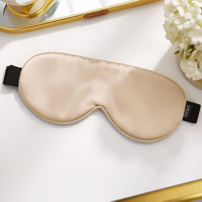 THXSILK Sleep Mask 100% 19 Momme Pure Mulberry Silk Super Smooth Cooling Sleep Eye Mask Blackout for Women/Man/Kids Eye Cover with Wide Head Strap Good Night Sleep Comfortable Travel and Nap Champagne