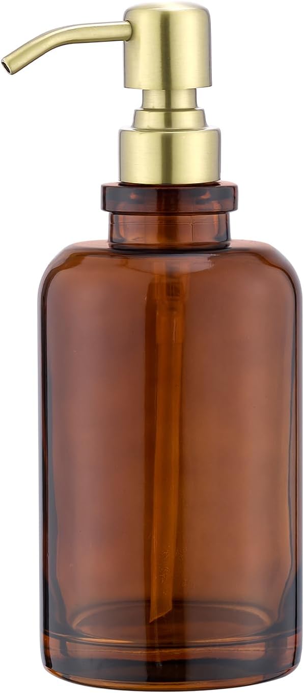 Amber Soap Dispenser Glass Bottle with Brushed Gold Pump, 17 OZ Liquid Soap Dispenser Cylindrical with Stainless Steel Pump for Dish Hand Soap Bathroom Kitchen Vanity Countertop