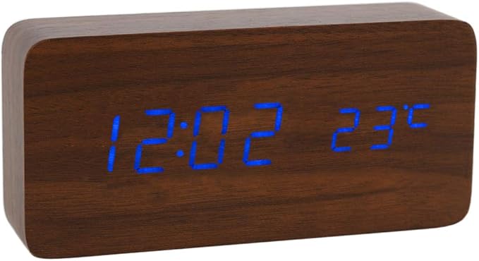 Wooden Digital Clock Multifunction LED Alarm Clock with Time/Date/Temperature Display and Voice Control for Home Travel Kids