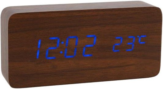 Wooden Digital Clock Multifunction LED Alarm Clock with Time/Date/Temperature Display and Voice Control for Home Travel Kids