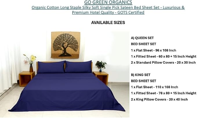 Organic Cotton Long Staple Silky Soft Single Pick Sateen Bed Sheet Set - Luxurious & Premium Hotel Quality - GOTS Certified - Solid Dyed (Twillight Blue, King (U.S. Standard))