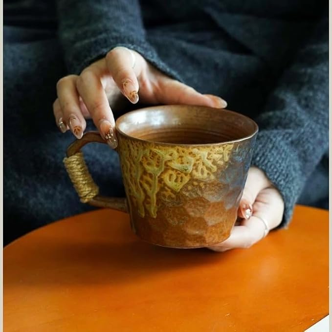 10oz Retro Vintage Japanese Style Handmade Ceramic Tea Cup with Handle, Lead-Free Reactive Glaze Artisanal Coffee Mug, Handmade Pottery Tea Mug for office and home,for Latte and Cappuccino,Brown